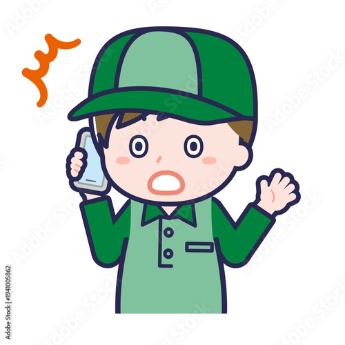 スマートフォンを使う「配達員」の男性