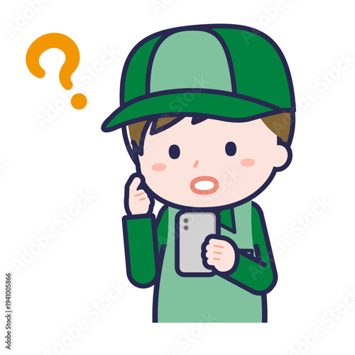 スマートフォンを使う「配達員」の男性