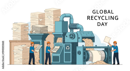 Illustration of workers operating a recycling machine with cardboard on Global Recycling Day, promoting sustainable recycling practices with a blue and brown color scheme.