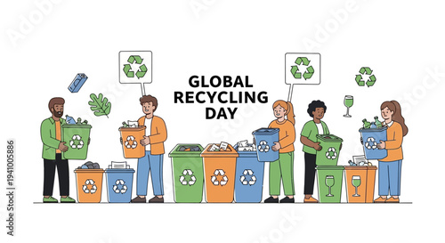 Illustration of people participating in Global Recycling Day with recycling bins and eco-friendly practices.