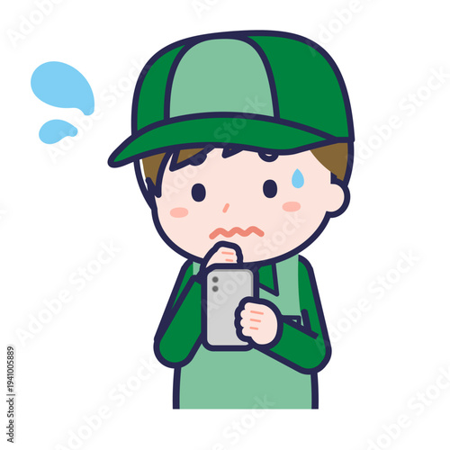 スマートフォンを使う「配達員」の男性