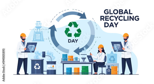 Illustration of people working with recycling symbols and waste management on Global Recycling Day with a sustainable environmental concept.