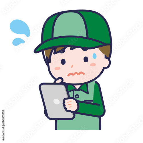 タブレットを使う「配達員」の男性