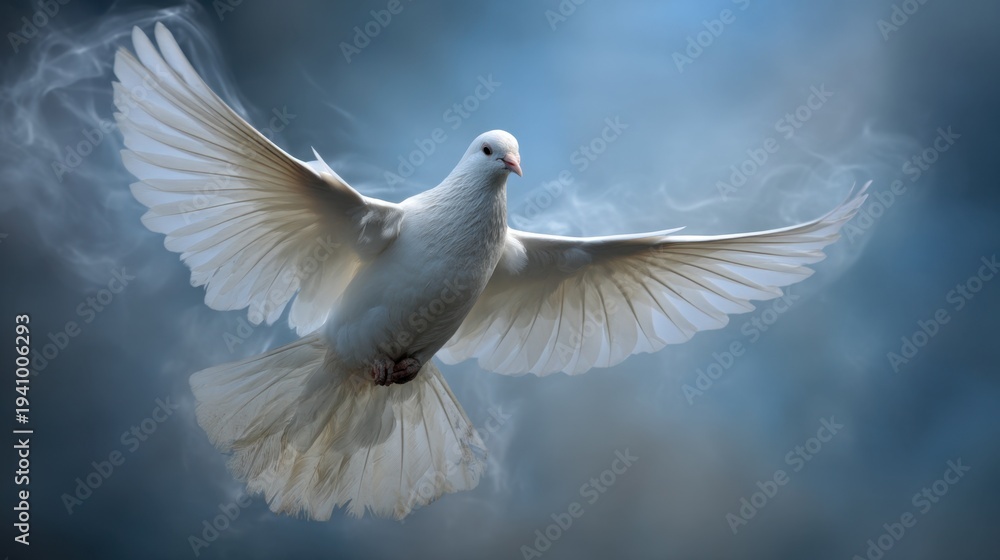 Fototapeta premium Majestic White Dove in Mid-Flight Against a Soft Misty Background with Graceful Wings Spread Wide