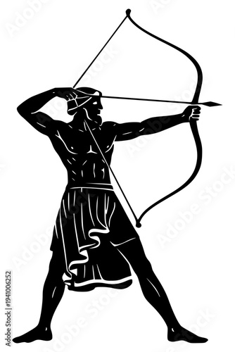 a black vector illustration of an ancient Greek or Roman archer aiming a bow. The figure is depicted with a muscular physique and traditional draped attire