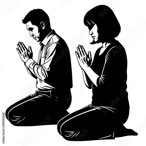 A high-contrast black vector illustration of a man and a woman kneeling in prayer. The figures are shown in profile with their hands pressed together in a respectful "wai" or prayer gesture