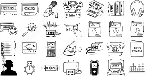 Audio Recording, Sound Forensics, and Investigation Line Art Icons Set. Hand Drawn Black and White Sketch Collection of Vintage and Modern Devices.