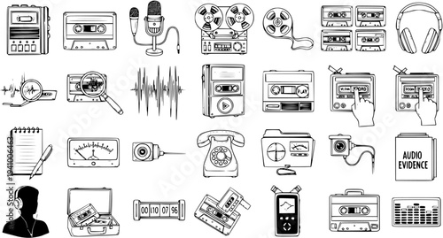 Audio Investigation and Surveillance Equipment Vector Icons Set. Hand-Drawn Black and White Line Art Collection of Retro Sound Recording Devices, Forensic Tools, and Vintage Audio Technology Gadgets.