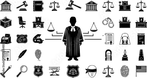 Law and Justice Glyph Icons Set. Black and White Legal System Symbols Collection with Court, Judge, Gavel, Scales, and Crime Elements in Flat Vector Art Style.
