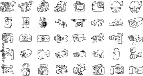 Hand-drawn Black and White Line Art Icons Set of Various Camera Types: Photography, Videography, Surveillance, Security, and Drone Technology Doodles