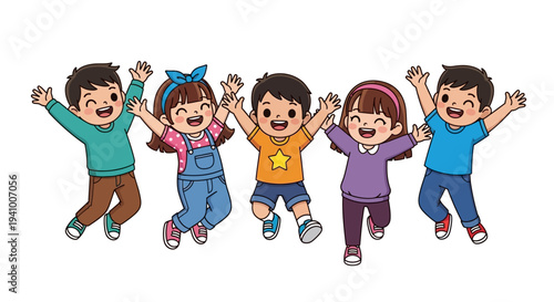 Five cheerful young children jumping enthusiastically with their arms raised high in the air
