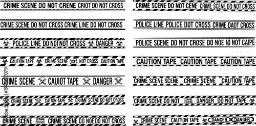 Crime Scene Tape Vector Line Art Set: Black and White Police Line, Caution, and Danger Barrier Tapes. Graphic Design Elements for Law Enforcement, Safety, and Investigation Industry.