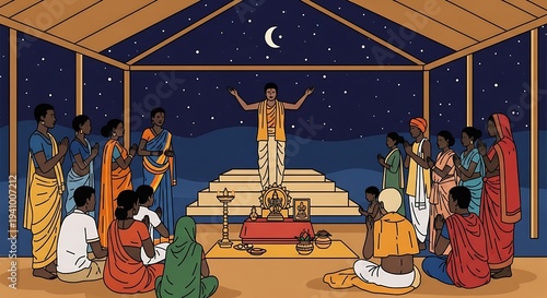 A ritual scene unfolds under a starry night sky, with a leader raising arms while others watch and pray