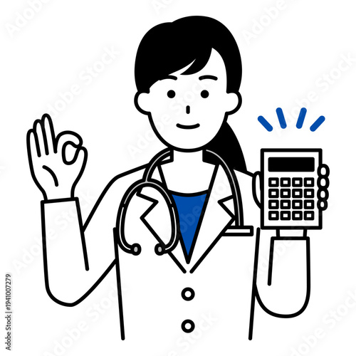 電卓を見せてOKサインをする医師の女性