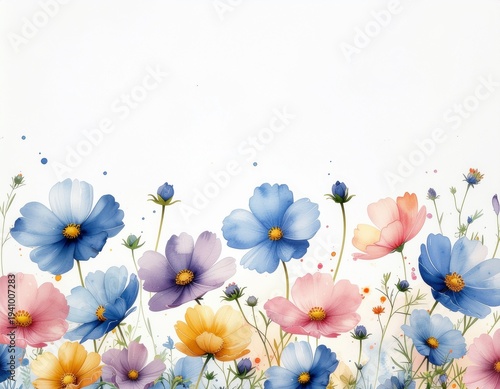 bunga biru, pink, ungu dengan background putih