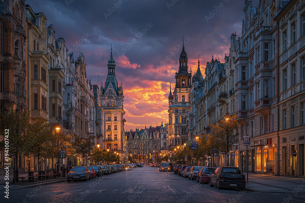 Naklejka premium Historic European city street with ornate buildings illuminated by warm street lights at sunset, creating dramatic and vibrant atmosphere with parked cars lining cobblestone road