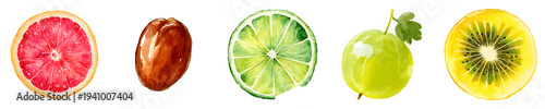 Set of watercolor fruit clipart, lime, date, golden kiwi, gooseberry and grapefruit, isolated on transparent background