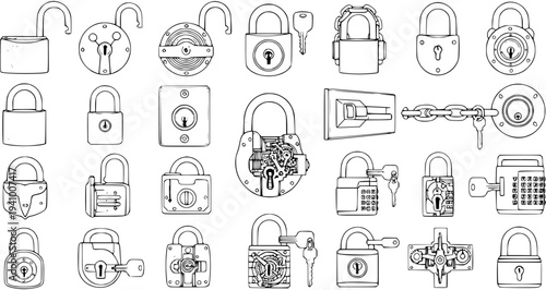 Detailed Black and White Line Art Vector Illustration Set of Various Security Locks, Padlocks, Keys, and Intricate Locking Mechanisms, Perfect for Locksmithing, Safety