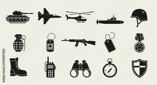 Military Silhouette Icons Set with Tank, Fighter Jet, Helicopter, Submarine and Army Equipment