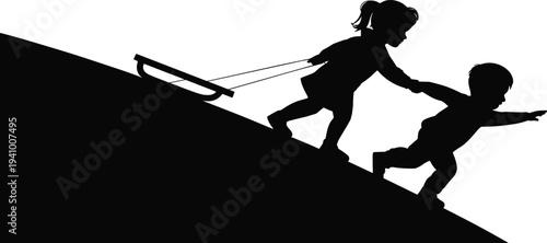 Children silhouettes pulling a sled uphill with one child helping the other symbolizing teamwork and effort