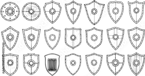 Set of various hand-drawn medieval and fantasy shields in outline vector style, perfect for game design, historical projects, or graphic elements.