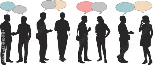 Diverse group of silhouetted individuals engaged in various communication scenarios with speech bubbles above their heads