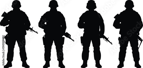 Four silhouettes of soldiers in tactical gear holding assault rifles, standing in a line with serious expressions, representing military strength and readiness for action
