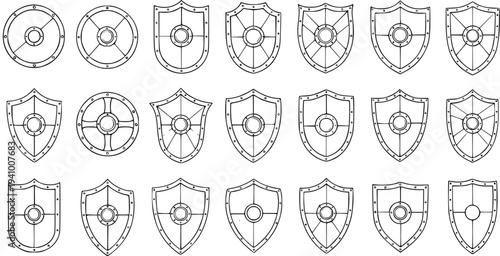 Collection of Medieval Shields and Round Bucklers, Black and White Line Drawings