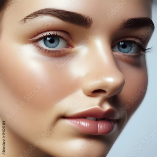 Close-up Portrait of a Woman with Blue Eyes and Flawless Skin