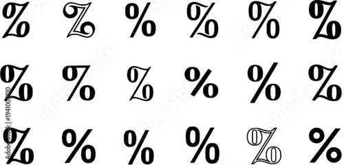 Eighteen diverse percentage symbols, black on white, showcasing a wide range of typographic styles, fonts, and creative design variations.