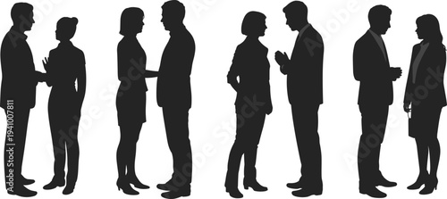 Silhouettes of business professionals engaged in conversation and interaction in a formal setting