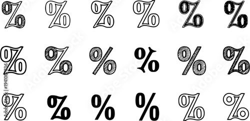 Sketchy Hand-Drawn Percent Sign Icons Set. Doodle Percentage Symbols Vector Collection in 18 Variations for Mathematics, Finance, and Graphic Design.