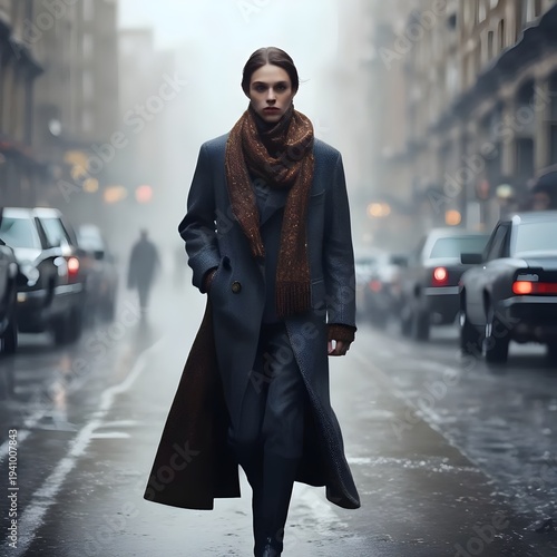 Woman Walking Down a Foggy City Street in a Long Coat and Scarf