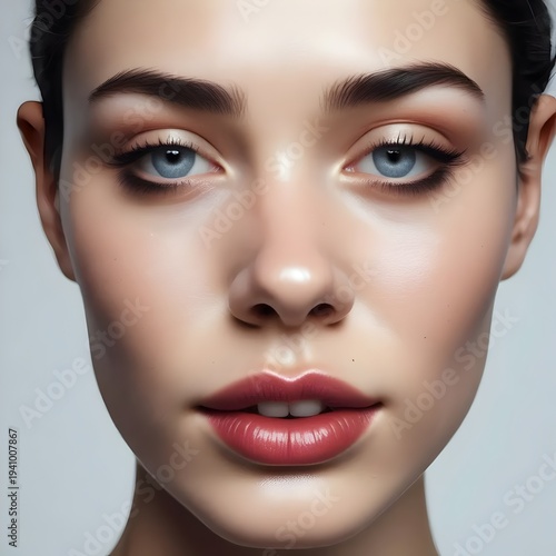 Realistic Portrait of a Woman with Blue Eyes and Red Lips