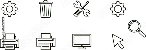 Collection of computer and office equipment icons in line style