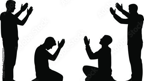 Silhouettes of men in prayer positions, some kneeling and some standing with hands raised in devotion and spiritual connection