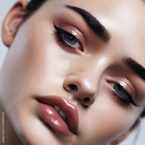Close-up Portrait of a Woman with Flawless Makeup and Glamorous Eyes