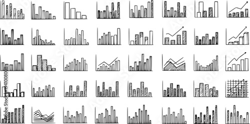 Collection of hand-drawn doodle bar charts and line graphs, showing business data, statistics, and financial trends in a sketch style.