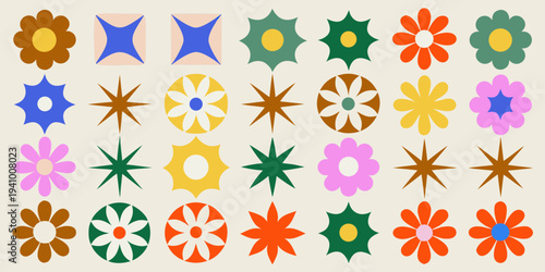 Colorful geometric floral patterns arranged in a grid formation