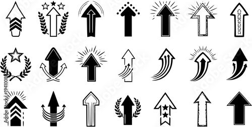 Diverse collection of upward arrow icons for growth, success, progress, and upload. Various styles including outlined, solid, with stars, laurels, and motion effects, isolated on white.