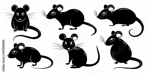 A collection of black silhouette mice in various poses and orientations