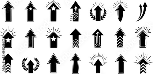 Collection of Black and White Up Arrow Icons and Symbols - Vector Set for Progress, Growth, Success, Upload, and Achievement Concepts
