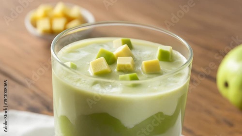 Refreshing Green Smoothie Topped with Cubed Fruit Healthy Breakfast Beverage