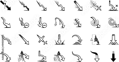 Collection of hand-drawn downward arrows illustrating decline, decrease, fall, crisis, and various negative business and economic trends.