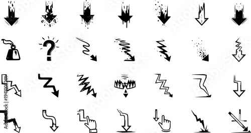 Decline and Crisis Doodle Arrow Vector Icons Set. Hand-drawn grunge symbols showing downward trends, financial collapse, risk, danger, and negative stock market movement.