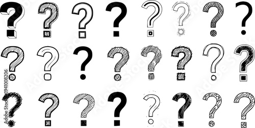 Collection of Hand-Drawn Question Mark Symbols with Various Styles and Shading on White Background