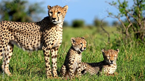 Family of cheetahs standing in green grass outdoors
