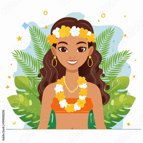 Hula girl wearing tropical flower lei garlands and palm leaves decoration vector illustration, capturing a serene hula dance event in a tropical paradise setting from a front viewpoint
