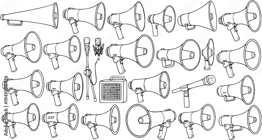 Obraz premium Hand-drawn line art collection of megaphones, bullhorns, and microphones. Communication, sound, and protest equipment on white background.
