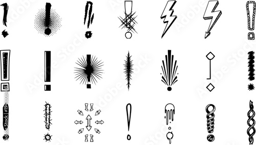 Diverse Vector Collection of Stylized Exclamation Marks, Lightning Bolts, and Abstract Punctuation Symbols in Various Graphic Styles for Attention and Alert Designs